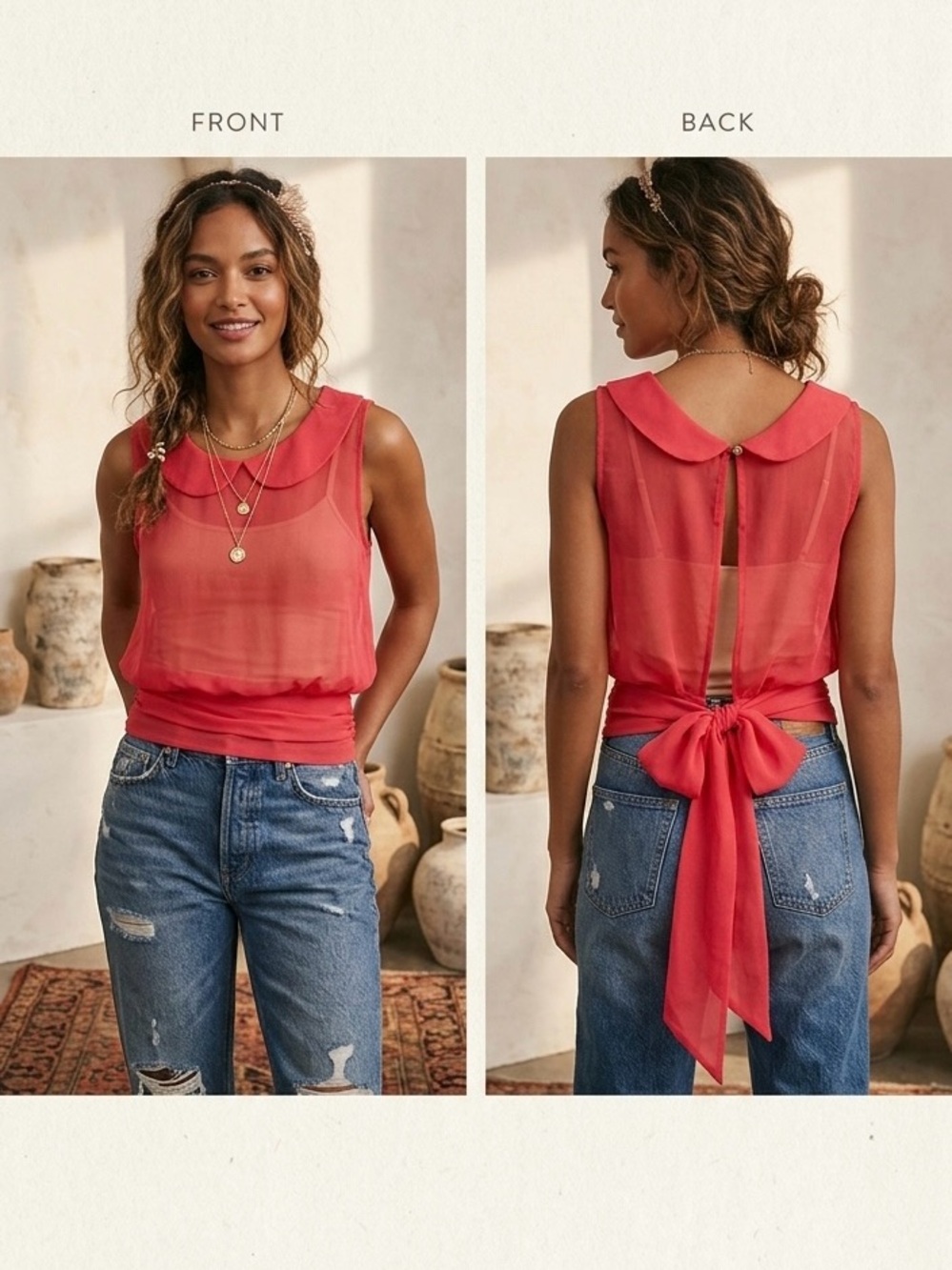 MONA B Retro Sheer Red Tie Bow Sash Belt Waist Blouse Top M Peter Pan Collar